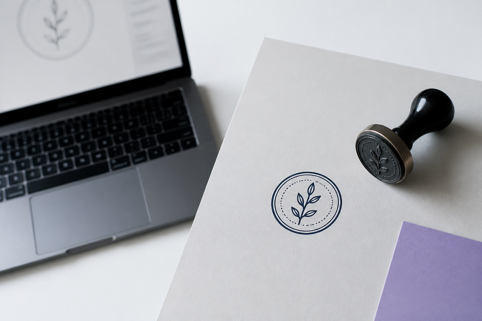 A rubber stamp beside a finished circular impression and a laptop